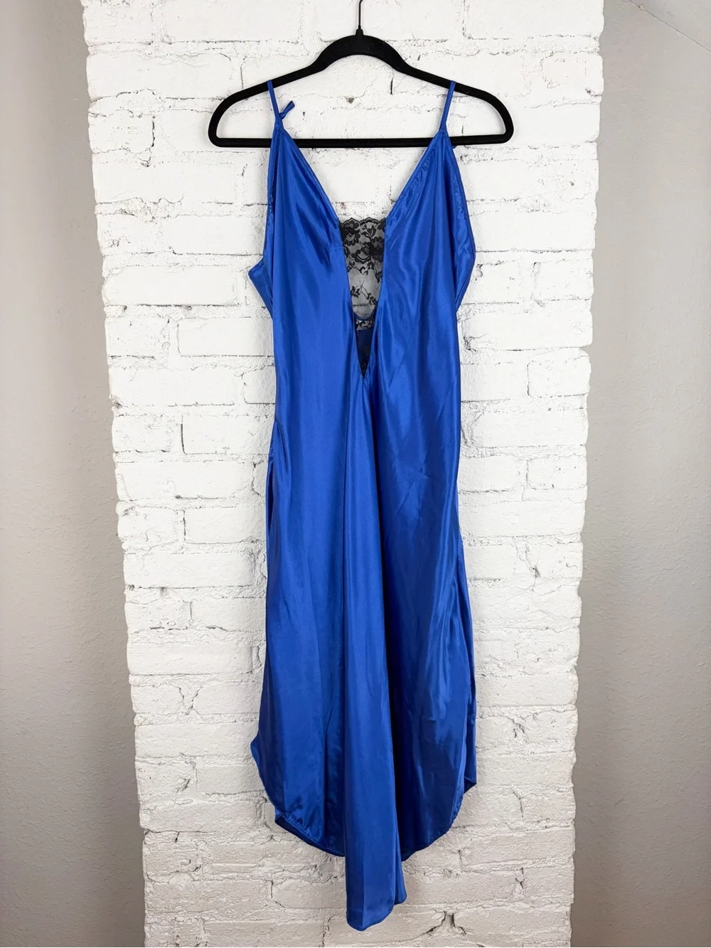 Delicates VTG Royal Blue Satin Black Lace Midi Slip Lingerie Nightie Dress Large - Picture 6 of 10